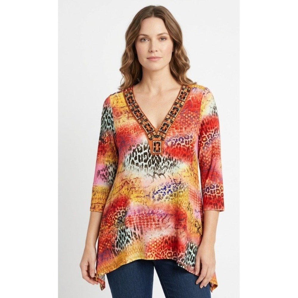 Mesmerize Large Beaded 3/4 Sleeve Leopard Colorful Sharkbite Hem Artsy‎ Tunic